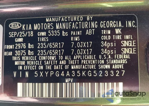 2019 Kia Sorento 2.4L Lx из США, поврежденный, VIN 5XYPG4A35KG523327